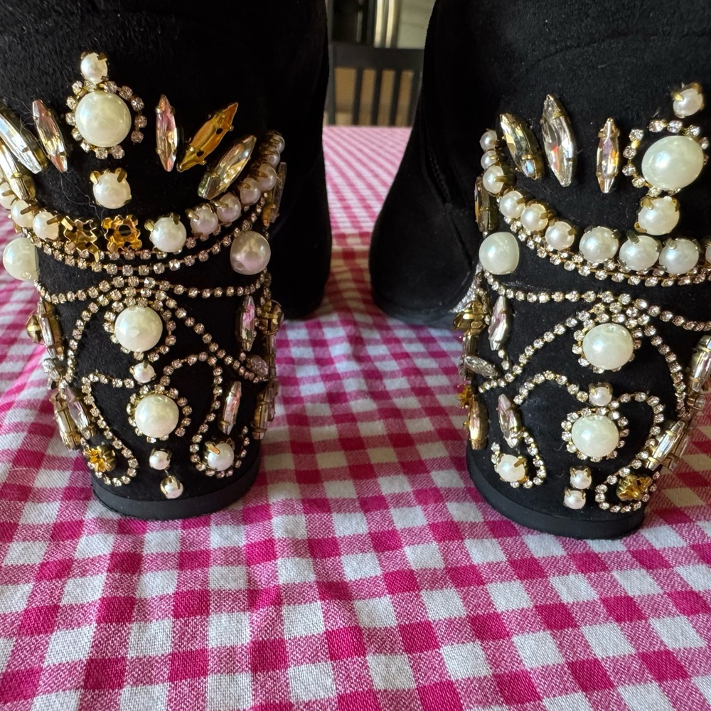 Elegant Black Suede Ankle Boots with Embellished Heels - Picture 4 of 8